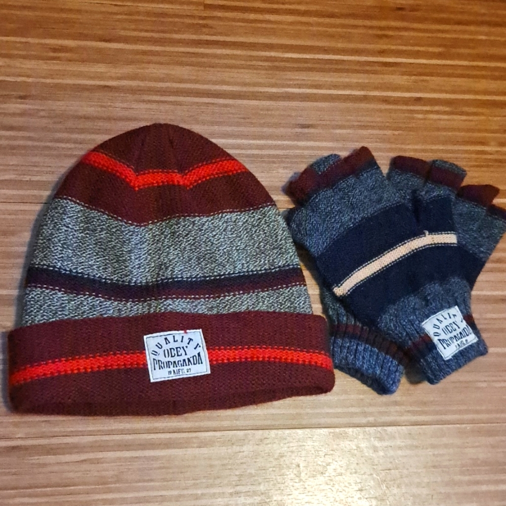 Stocking hat cap & glove set fingerless knit Obey Propaganda